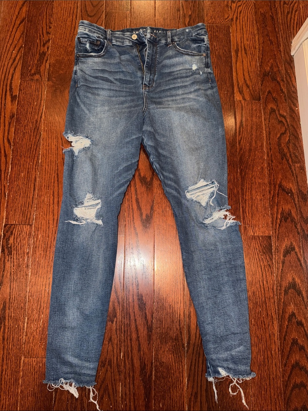 American Eagle Outfitters Women's Ripped Mid-Blue Skinny Jeans